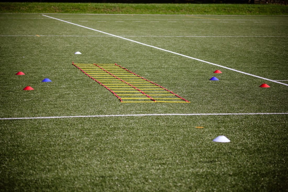 Agility ladder and cones set up on a field