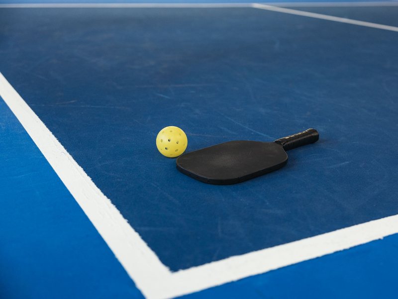 Pickleball paddles and balls by the net